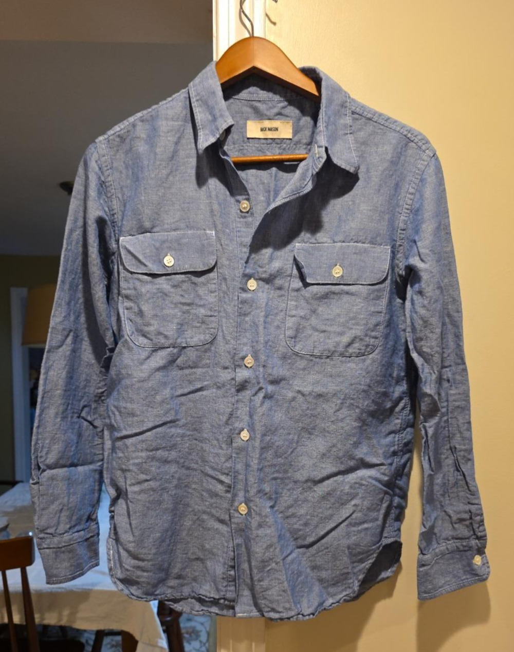Buck Mason Mens S Blue Chambray Work Shirt Long Sleeve Double Pocket Americana